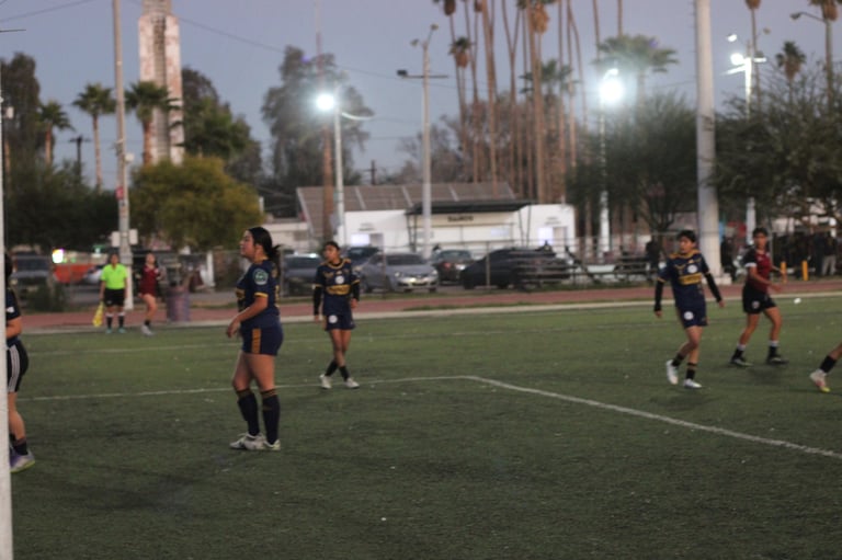 Soccer players in black uniforms on field at dusk with palm trees and stadium lights in background