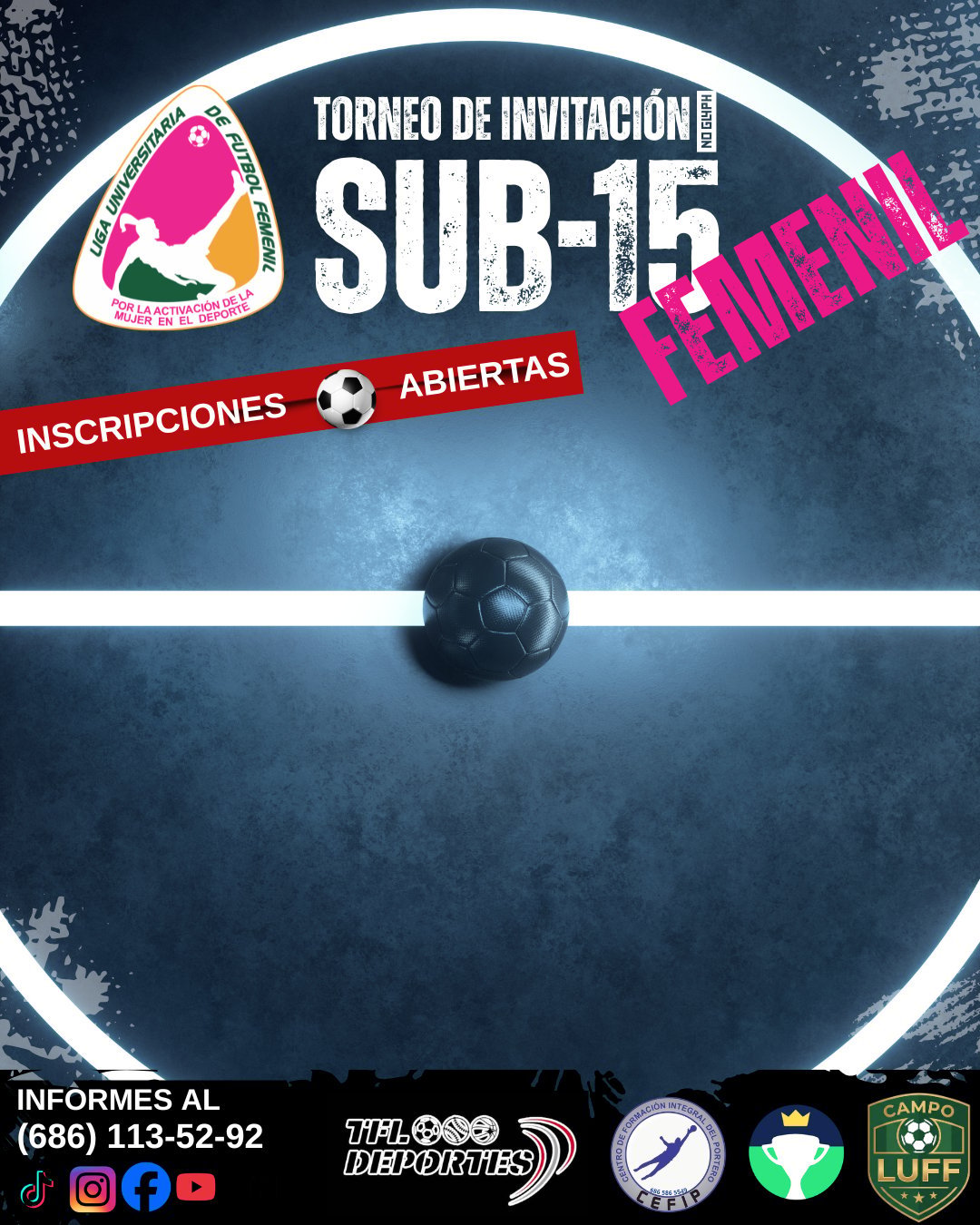 Poster for Under-15 invitational soccer tournament with open registrations, featuring a soccer ball and contact information