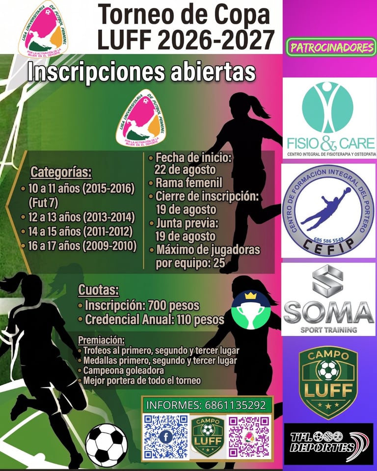 Torneo de Copa LUFF 2026-2027 flyer with open registrations for youth soccer tournament in multiple age categories