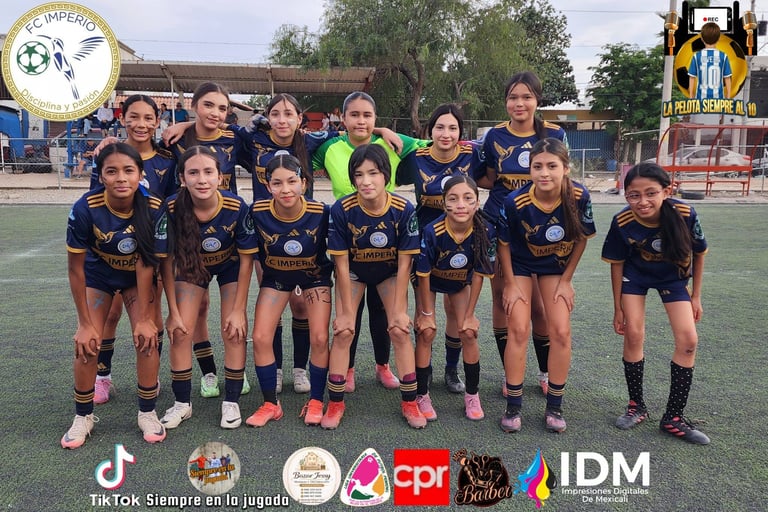Youth soccer team in purple uniforms standing together on grass field with sponsor logos displayed below