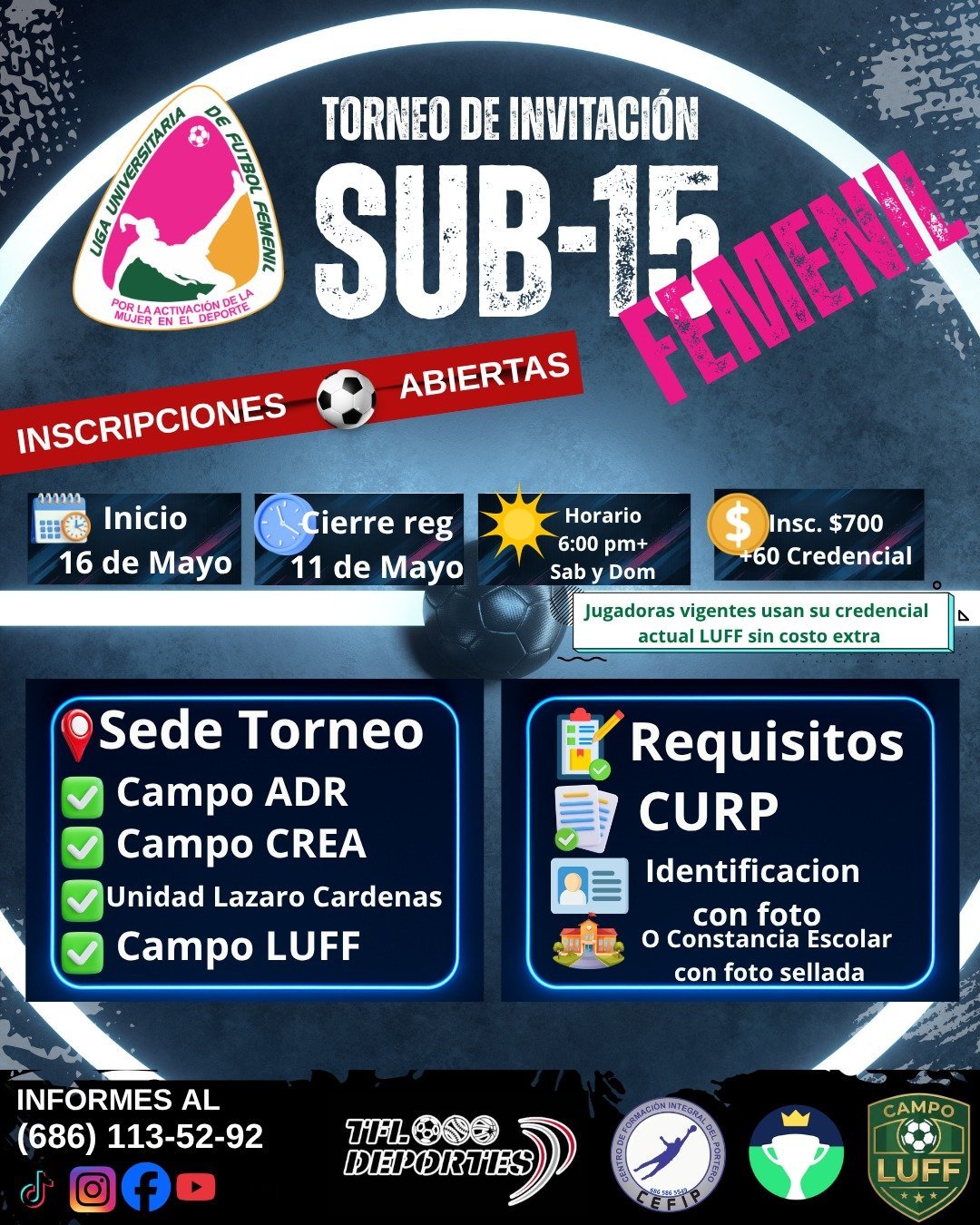 Spanish sports tournament poster for Sub-15 Femenino with registration details, venue locations, and eligibility requirements