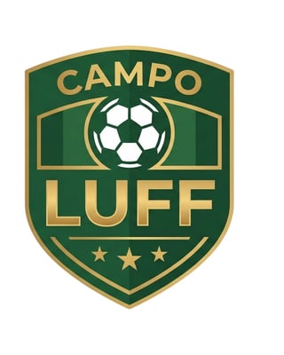 Campo Luff soccer team badge with green shield, soccer ball, stadium goal, and three gold stars