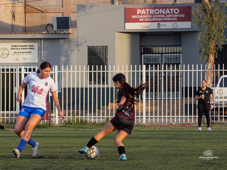 Female soccer players in action during a match, with one player in white and blue dribbling the ball while another in black defends on a grass field
