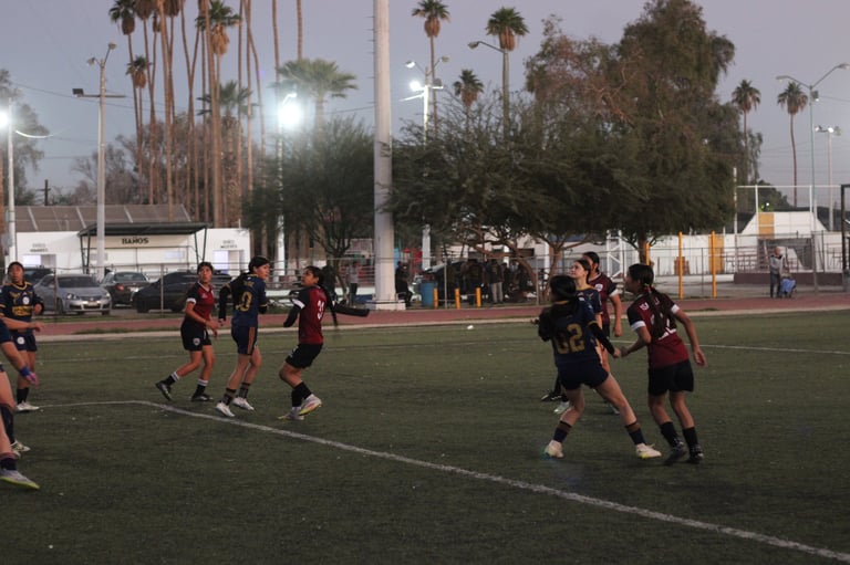 Young soccer players in dark uniforms practicing on a field with palm trees and stadium lights in the background
