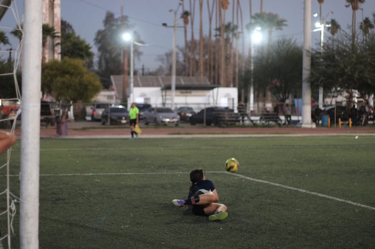 Goalkeeper diving to catch a soccer ball on a field with tall palm trees and stadium lights in the evening