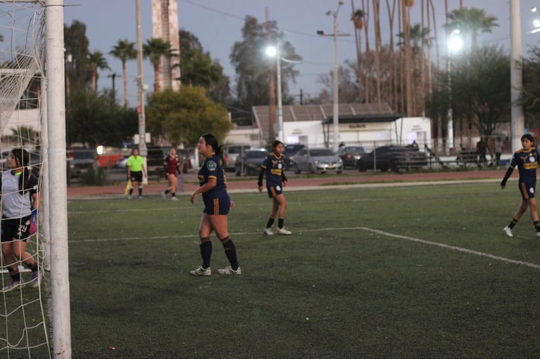 Youth soccer teams playing on a grass field with palm trees and buildings in the background