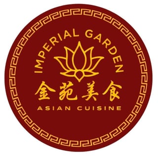 Imperial Garden Asian Cuisine logo with gold lotus flower and Chinese characters on burgundy circular background