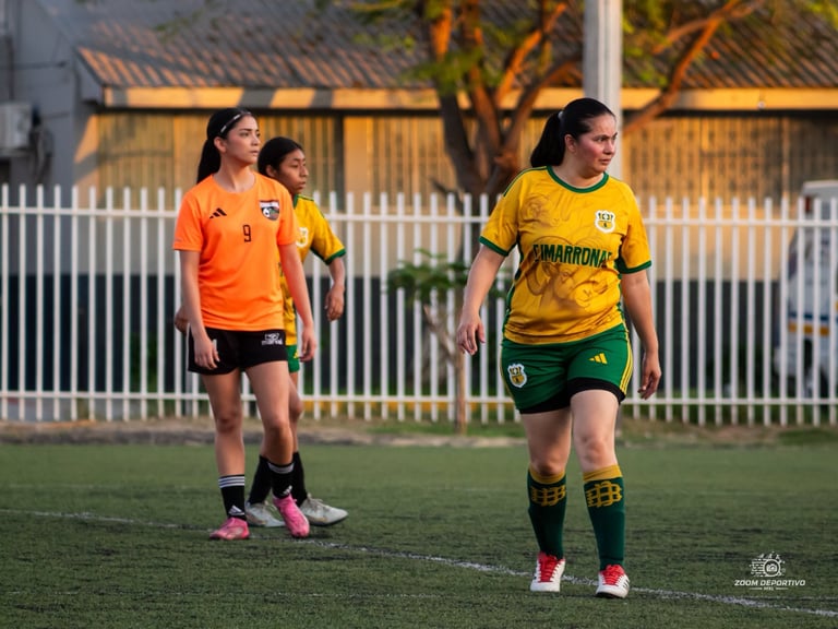 Female soccer players in orange and yellow uniforms standing on a grass field during a match