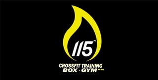 115 CrossFit Training Box Gym logo with yellow flame design on black background