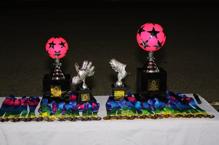 Two trophy displays with pink spheres on top, silver hand statues, and colorful blue and purple figures on gold-trimmed bases against dark background