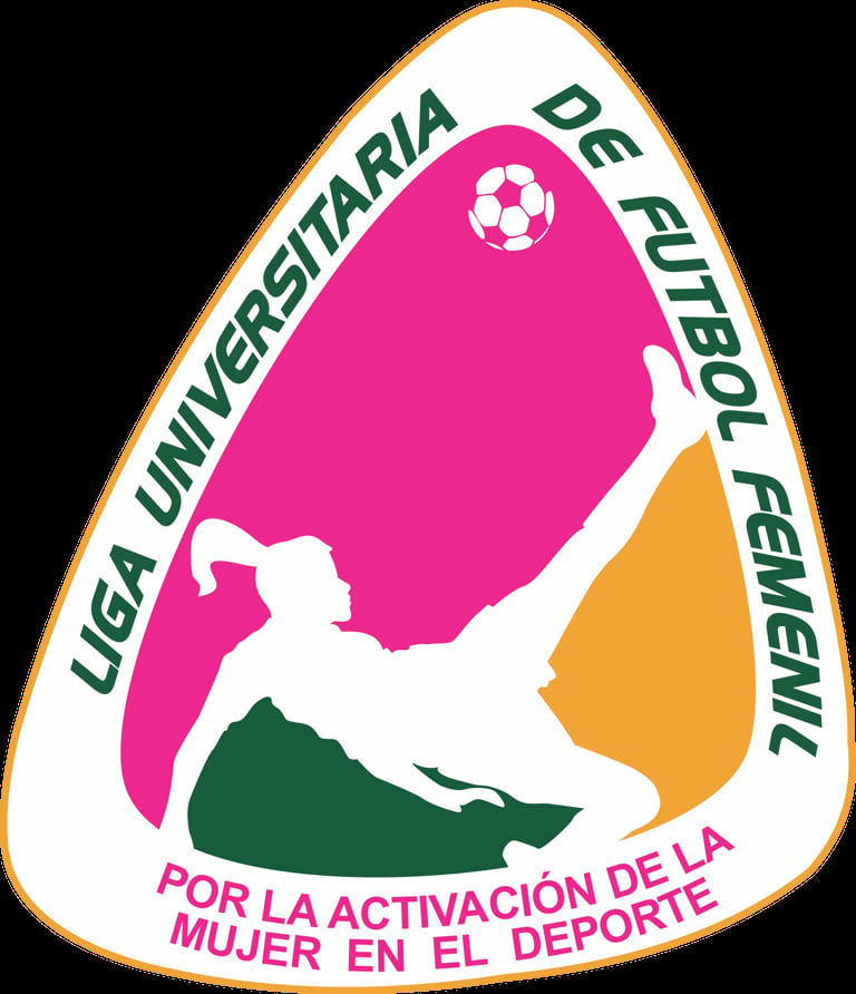 Logo for Liga Universitaria de Futbol Femenino, featuring a white silhouette of a female soccer player kicking a ball on a pink and yellow background