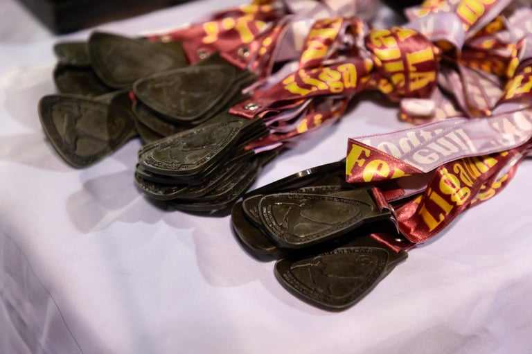 Collection of dark metal medals with colorful red and gold striped ribbons displayed on white surface